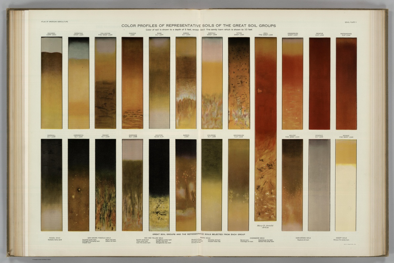 Figure 8: Curtis F. Marbut, “Color Profiles of Representative Soils of the Great Soil Groups,” in Atlas of American Agriculture: Physical Basis including Land Relief, Climate, Soils, and Natural Vegetation of the United States, ed. Oliver E. Baker, Plate 3 (Washington DC: United States Government Printing Office, 1936), www.davidrumsey.com.